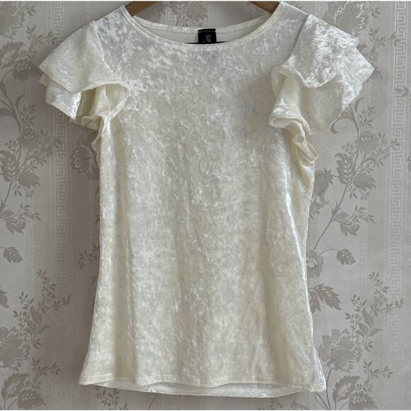 Supernova Ivory Crushed Velvet Ruffle Sleeve Top Sz S Coquette Light goth Fairy - Picture 1 of 7